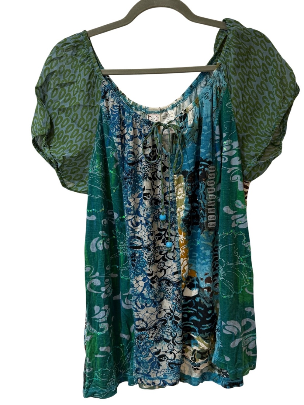 Bila Green, Turquoise & Teal Mixed-Print Peasant Tunic NWT size XXL